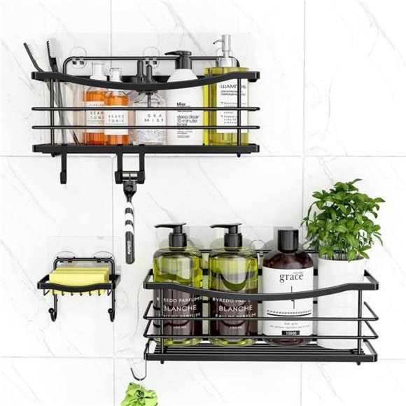 Adhesive Shower Caddy Basket Shelf with 4 Hooks for Shampoo Soap Dish Holder - Picture 2 of 7